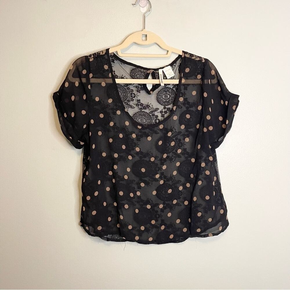 Passport Women's Black‎ Polka Dots Short Sleeve Sheer Lace Mesh Blouse Top Large